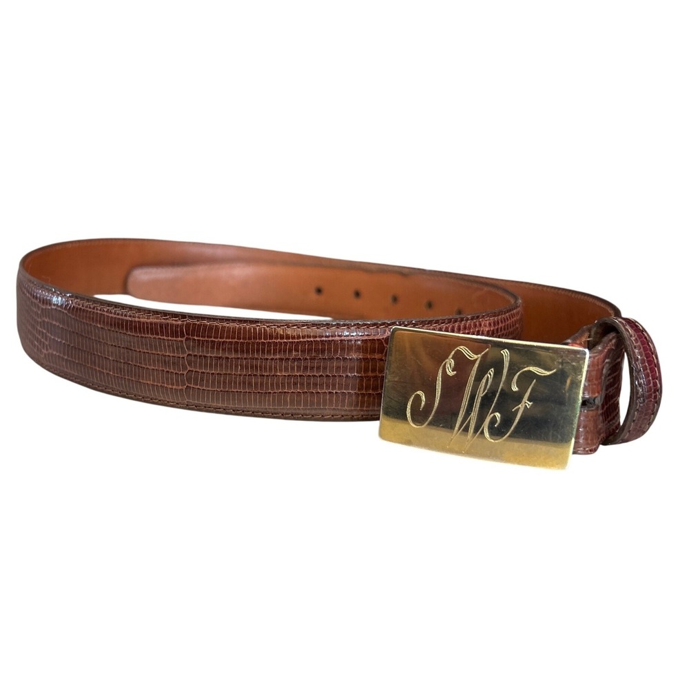 Torino Lizard Embossed Leather Belt Gold Tone Monogram Buckle S 32 Made in USA